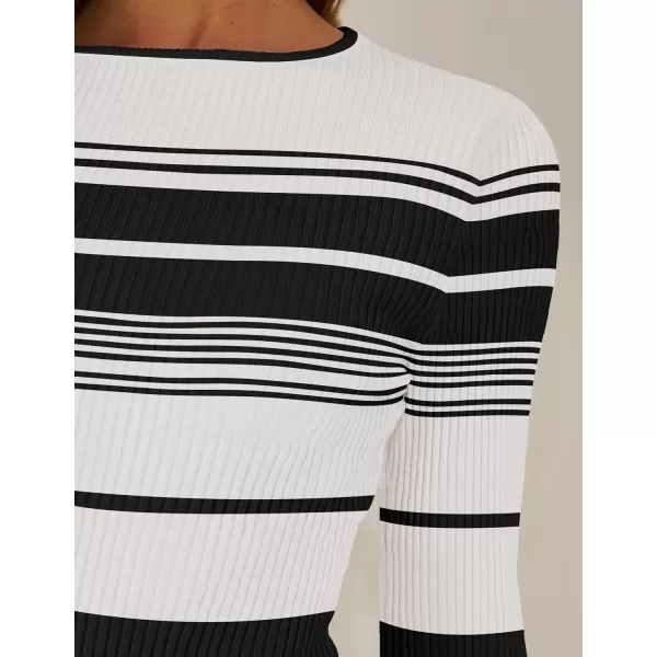 ZESICA Womens Long Sleeve Crewneck Striped Shirts 2024 Fall Ribbed Knit Sweater Slim Fitted Casual Basic Tee TopsIvory