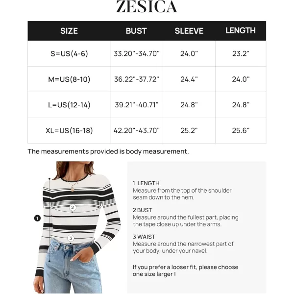 ZESICA Womens Long Sleeve Crewneck Striped Shirts 2024 Fall Ribbed Knit Sweater Slim Fitted Casual Basic Tee TopsIvory