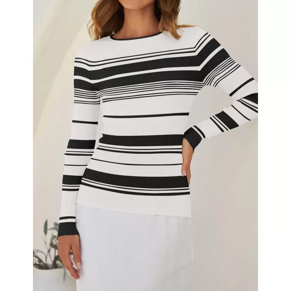 ZESICA Womens Long Sleeve Crewneck Striped Shirts 2024 Fall Ribbed Knit Sweater Slim Fitted Casual Basic Tee TopsIvory