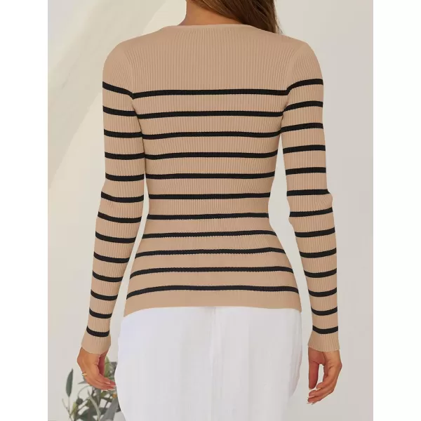 ZESICA Womens Long Sleeve Crewneck Striped Shirts 2024 Fall Ribbed Knit Sweater Slim Fitted Casual Basic Tee TopsKhaki