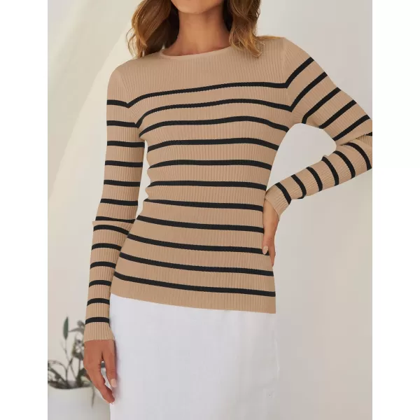 ZESICA Womens Long Sleeve Crewneck Striped Shirts 2024 Fall Ribbed Knit Sweater Slim Fitted Casual Basic Tee TopsKhaki