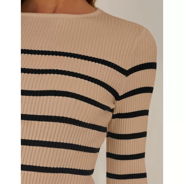 ZESICA Womens Long Sleeve Crewneck Striped Shirts 2024 Fall Ribbed Knit Sweater Slim Fitted Casual Basic Tee TopsKhaki