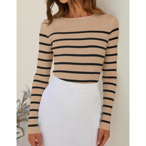 ZESICA Womens Long Sleeve Crewneck Striped Shirts 2024 Fall Ribbed Knit Sweater Slim Fitted Casual Basic Tee TopsKhaki