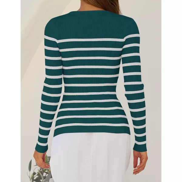 ZESICA Womens Long Sleeve Crewneck Striped Shirts 2024 Fall Ribbed Knit Sweater Slim Fitted Casual Basic Tee TopsTeal