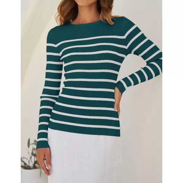 ZESICA Womens Long Sleeve Crewneck Striped Shirts 2024 Fall Ribbed Knit Sweater Slim Fitted Casual Basic Tee TopsTeal