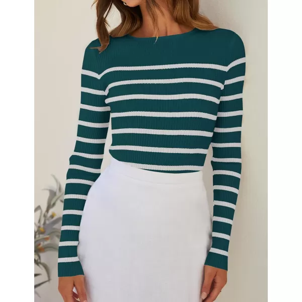 ZESICA Womens Long Sleeve Crewneck Striped Shirts 2024 Fall Ribbed Knit Sweater Slim Fitted Casual Basic Tee TopsTeal