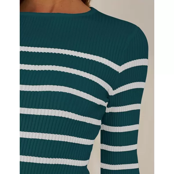 ZESICA Womens Long Sleeve Crewneck Striped Shirts 2024 Fall Ribbed Knit Sweater Slim Fitted Casual Basic Tee TopsTeal