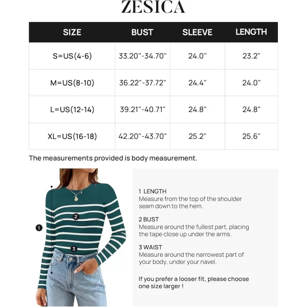 ZESICA Womens Long Sleeve Crewneck Striped Shirts 2024 Fall Ribbed Knit Sweater Slim Fitted Casual Basic Tee TopsTeal