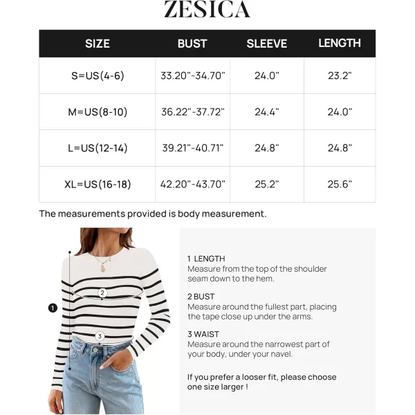 ZESICA Womens Long Sleeve Crewneck Striped Shirts 2024 Fall Ribbed Knit Sweater Slim Fitted Casual Basic Tee TopsWhite