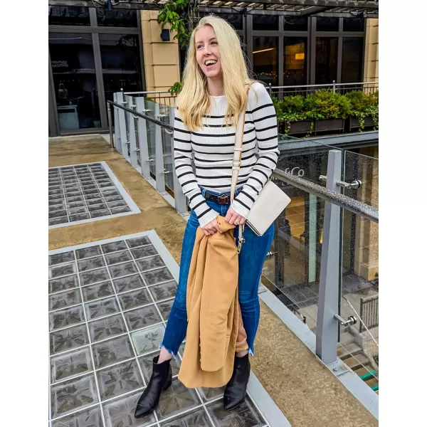 ZESICA Womens Long Sleeve Crewneck Striped Shirts 2024 Fall Ribbed Knit Sweater Slim Fitted Casual Basic Tee TopsWhite
