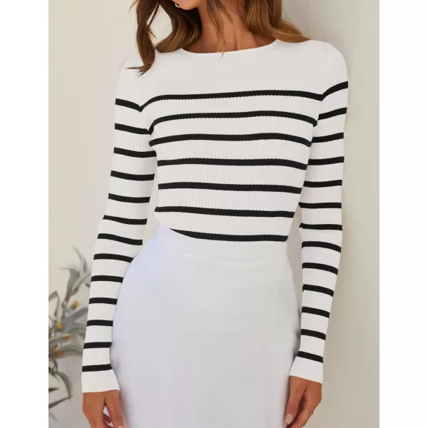 ZESICA Womens Long Sleeve Crewneck Striped Shirts 2024 Fall Ribbed Knit Sweater Slim Fitted Casual Basic Tee TopsWhite