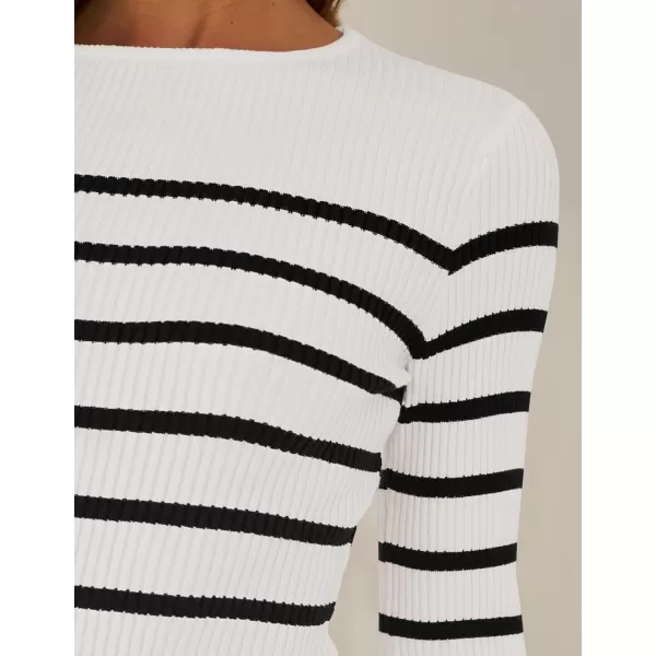 ZESICA Womens Long Sleeve Crewneck Striped Shirts 2024 Fall Ribbed Knit Sweater Slim Fitted Casual Basic Tee TopsWhite