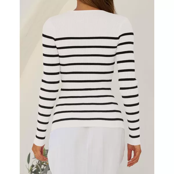 ZESICA Womens Long Sleeve Crewneck Striped Shirts 2024 Fall Ribbed Knit Sweater Slim Fitted Casual Basic Tee TopsWhite