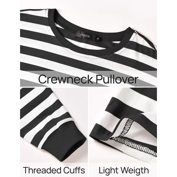 ZESICA Womens Long Sleeve Striped Shirts Fall Crewneck Casual Loose Fit Tunic TopsBlack