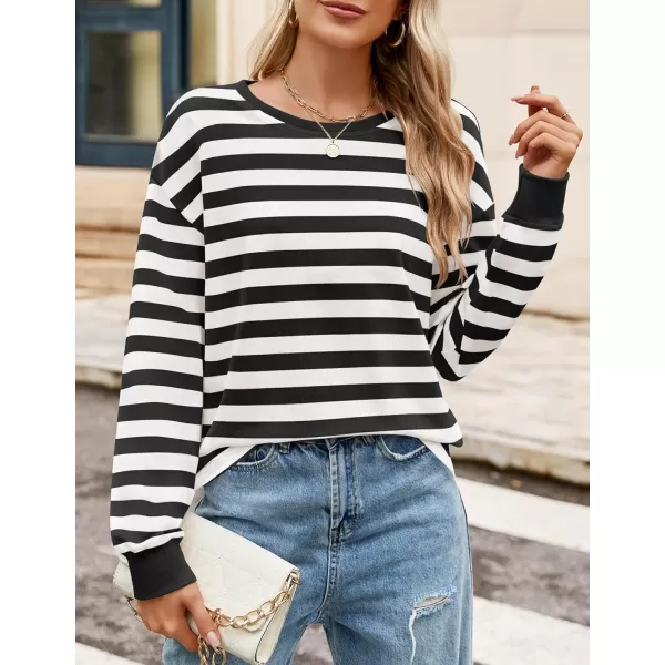 ZESICA Womens Long Sleeve Striped Shirts Fall Crewneck Casual Loose Fit Tunic TopsBlack