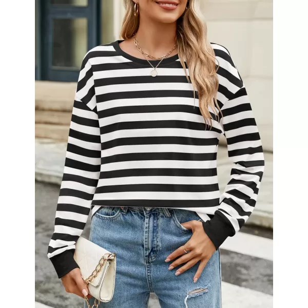 ZESICA Womens Long Sleeve Striped Shirts Fall Crewneck Casual Loose Fit Tunic TopsBlack