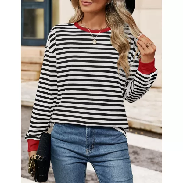 ZESICA Womens Long Sleeve Striped Shirts Fall Crewneck Casual Loose Fit Tunic TopsBlackred