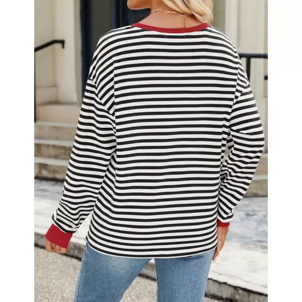 ZESICA Womens Long Sleeve Striped Shirts Fall Crewneck Casual Loose Fit Tunic TopsBlackred