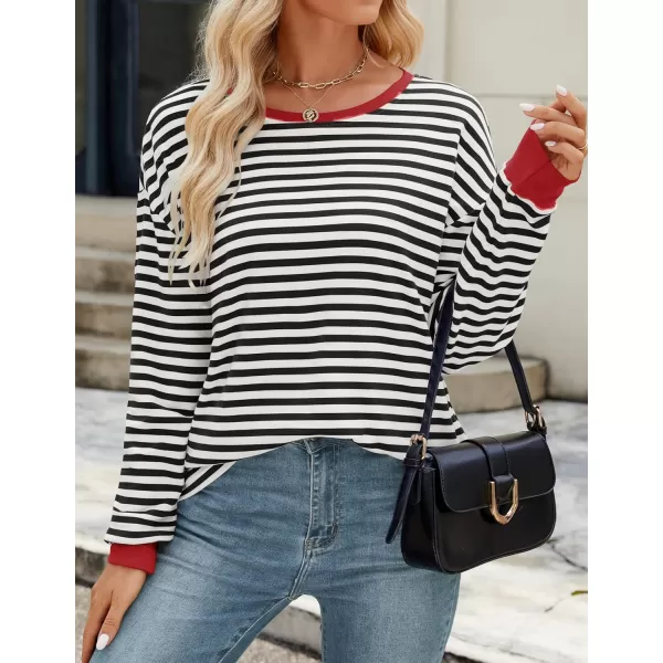 ZESICA Womens Long Sleeve Striped Shirts Fall Crewneck Casual Loose Fit Tunic TopsBlackred