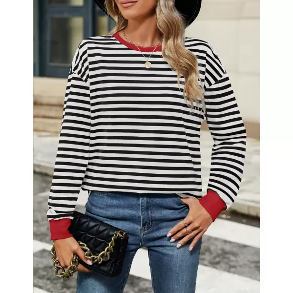 ZESICA Womens Long Sleeve Striped Shirts Fall Crewneck Casual Loose Fit Tunic TopsBlackred