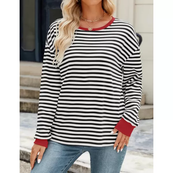 ZESICA Womens Long Sleeve Striped Shirts Fall Crewneck Casual Loose Fit Tunic TopsBlackred