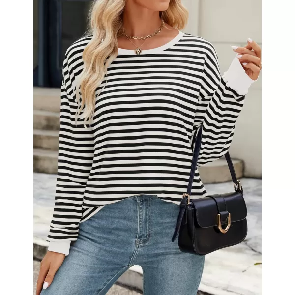ZESICA Womens Long Sleeve Striped Shirts Fall Crewneck Casual Loose Fit Tunic TopsBlackwhite