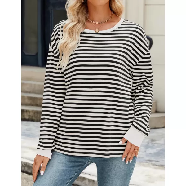 ZESICA Womens Long Sleeve Striped Shirts Fall Crewneck Casual Loose Fit Tunic TopsBlackwhite