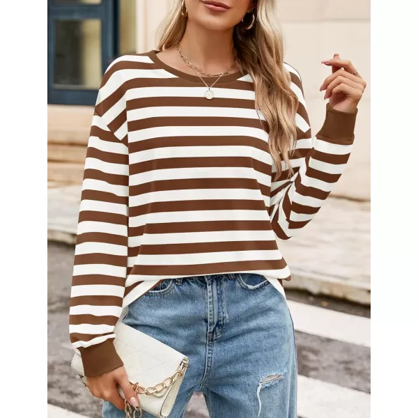 ZESICA Womens Long Sleeve Striped Shirts Fall Crewneck Casual Loose Fit Tunic TopsBrown