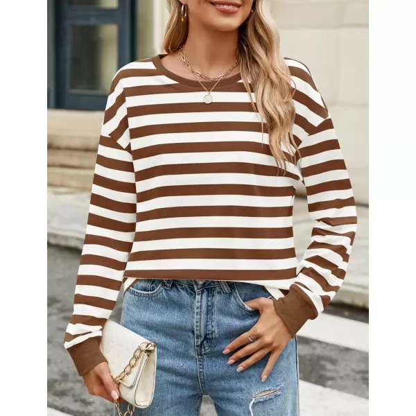 ZESICA Womens Long Sleeve Striped Shirts Fall Crewneck Casual Loose Fit Tunic TopsBrown