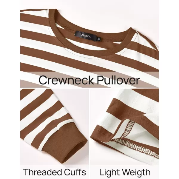ZESICA Womens Long Sleeve Striped Shirts Fall Crewneck Casual Loose Fit Tunic TopsBrown