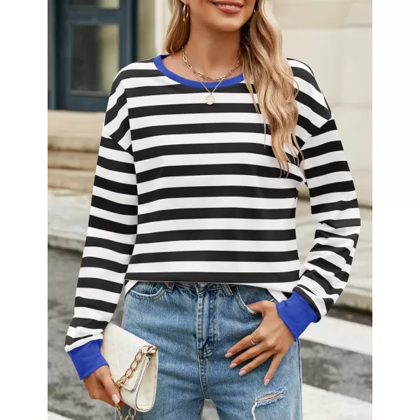 ZESICA Womens Long Sleeve Striped Shirts Fall Crewneck Casual Loose Fit Tunic TopsCobalt
