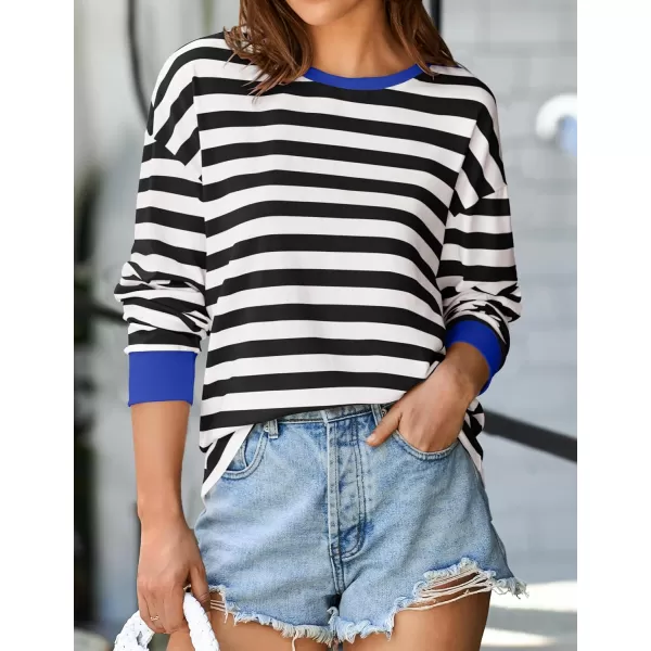 ZESICA Womens Long Sleeve Striped Shirts Fall Crewneck Casual Loose Fit Tunic TopsCobalt