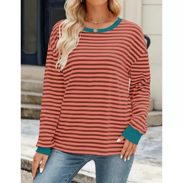ZESICA Womens Long Sleeve Striped Shirts Fall Crewneck Casual Loose Fit Tunic TopsCoral