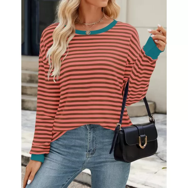 ZESICA Womens Long Sleeve Striped Shirts Fall Crewneck Casual Loose Fit Tunic TopsCoral