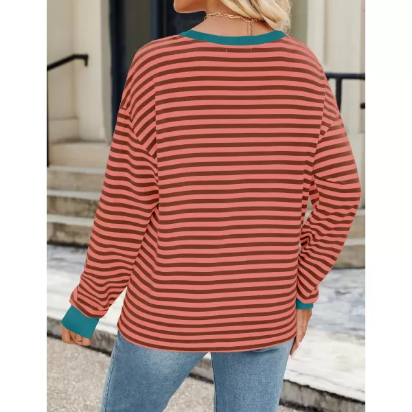 ZESICA Womens Long Sleeve Striped Shirts Fall Crewneck Casual Loose Fit Tunic TopsCoral