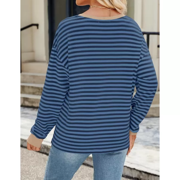 ZESICA Womens Long Sleeve Striped Shirts Fall Crewneck Casual Loose Fit Tunic TopsDarkblue