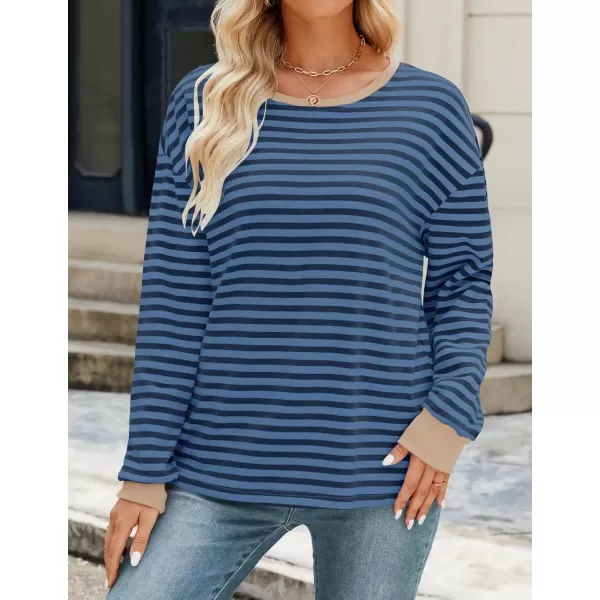 ZESICA Womens Long Sleeve Striped Shirts Fall Crewneck Casual Loose Fit Tunic TopsDarkblue