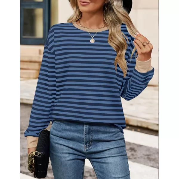 ZESICA Womens Long Sleeve Striped Shirts Fall Crewneck Casual Loose Fit Tunic TopsDarkblue