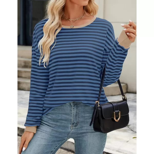 ZESICA Womens Long Sleeve Striped Shirts Fall Crewneck Casual Loose Fit Tunic TopsDarkblue