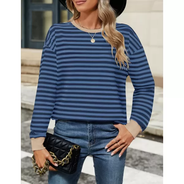 ZESICA Womens Long Sleeve Striped Shirts Fall Crewneck Casual Loose Fit Tunic TopsDarkblue