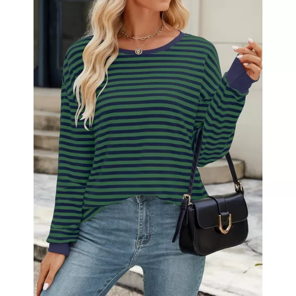 ZESICA Womens Long Sleeve Striped Shirts Fall Crewneck Casual Loose Fit Tunic TopsDarkgreen