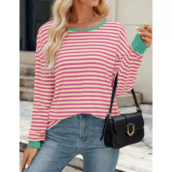 ZESICA Womens Long Sleeve Striped Shirts Fall Crewneck Casual Loose Fit Tunic TopsDustypink