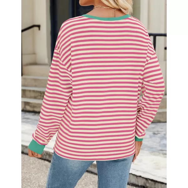 ZESICA Womens Long Sleeve Striped Shirts Fall Crewneck Casual Loose Fit Tunic TopsDustypink