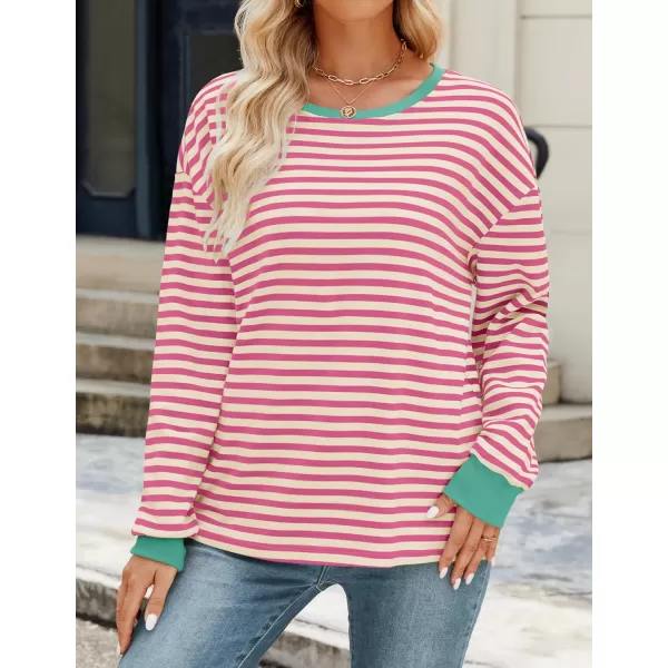 ZESICA Womens Long Sleeve Striped Shirts Fall Crewneck Casual Loose Fit Tunic TopsDustypink