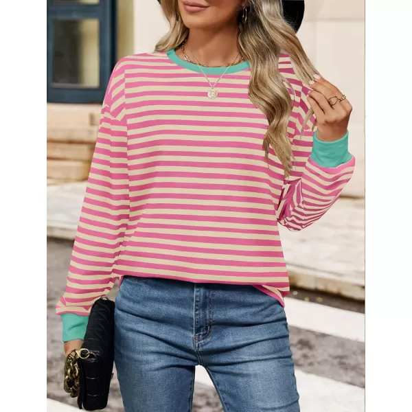 ZESICA Womens Long Sleeve Striped Shirts Fall Crewneck Casual Loose Fit Tunic TopsDustypink