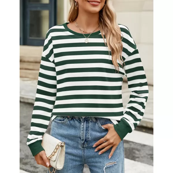 ZESICA Womens Long Sleeve Striped Shirts Fall Crewneck Casual Loose Fit Tunic TopsGreen