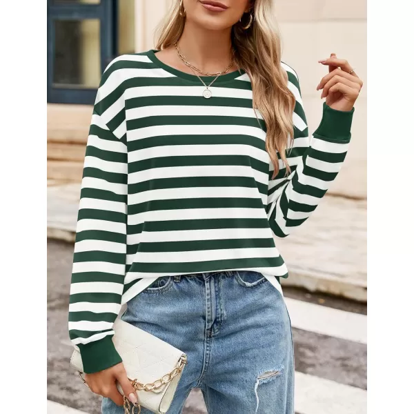 ZESICA Womens Long Sleeve Striped Shirts Fall Crewneck Casual Loose Fit Tunic TopsGreen