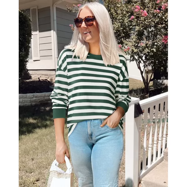 ZESICA Womens Long Sleeve Striped Shirts Fall Crewneck Casual Loose Fit Tunic TopsGreen