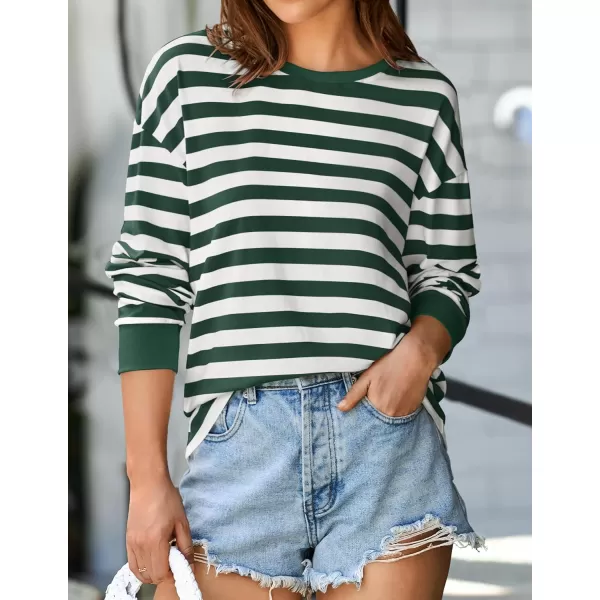 ZESICA Womens Long Sleeve Striped Shirts Fall Crewneck Casual Loose Fit Tunic TopsGreen
