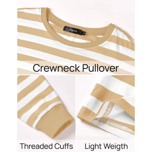 ZESICA Womens Long Sleeve Striped Shirts Fall Crewneck Casual Loose Fit Tunic TopsKhaki